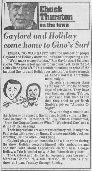 Ginos Surf (Luna Kai Tiki Bar) - Mar 13 1979 Article - Gaylord And Holiday (newer photo)